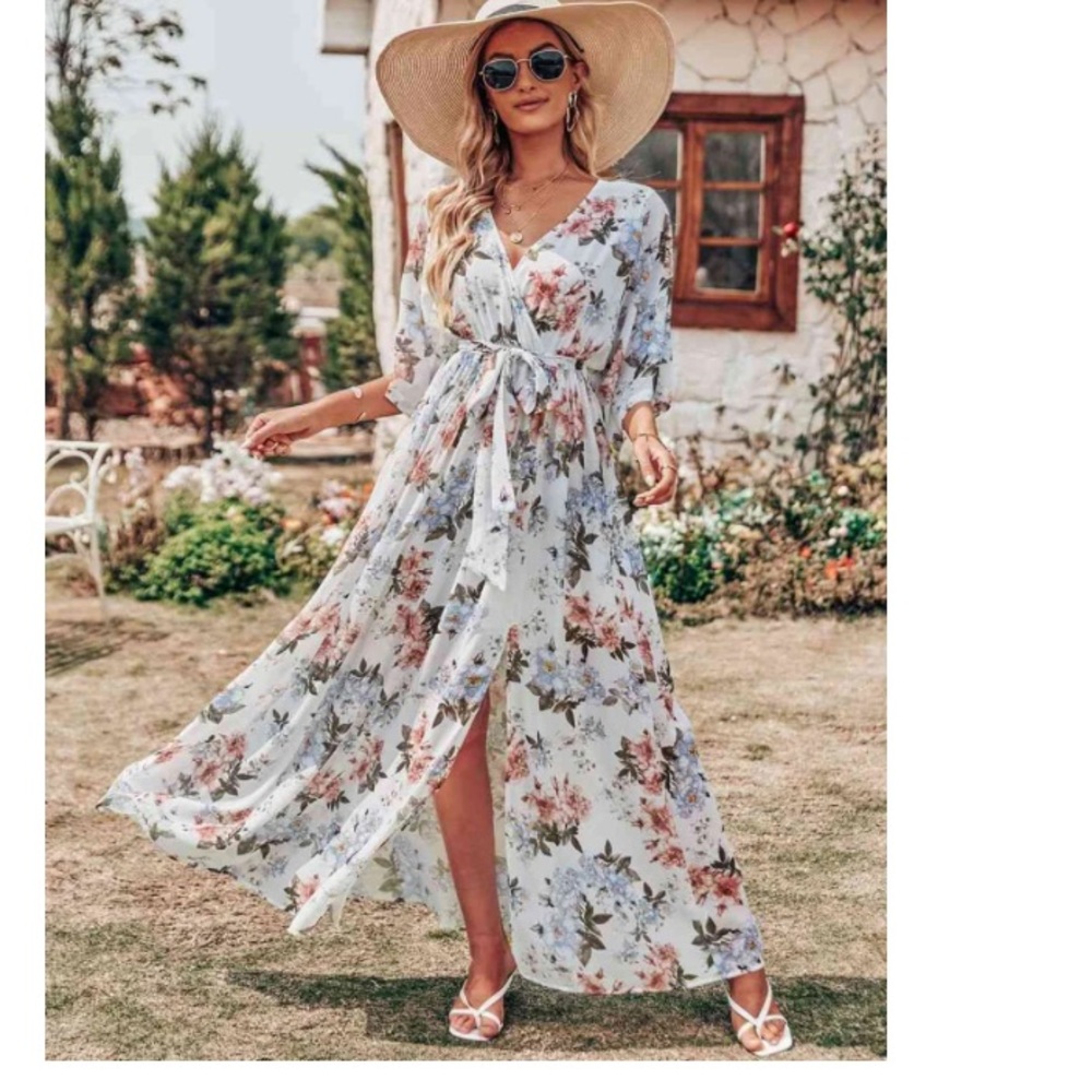 Anrabess Loose Kimono Wrap V-Neck Maxi Dress - White, Pink and Blue Size Large